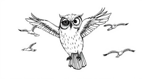 A heartwarming scene of a blind owl, beautifully rendered in a hand-drawn Pixar-esque style, leading a flock of birds through