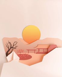 Immerse yourself in a serene Zen garden at sunset, beautifully rendered in a unique origami-style illustration. This artwork 