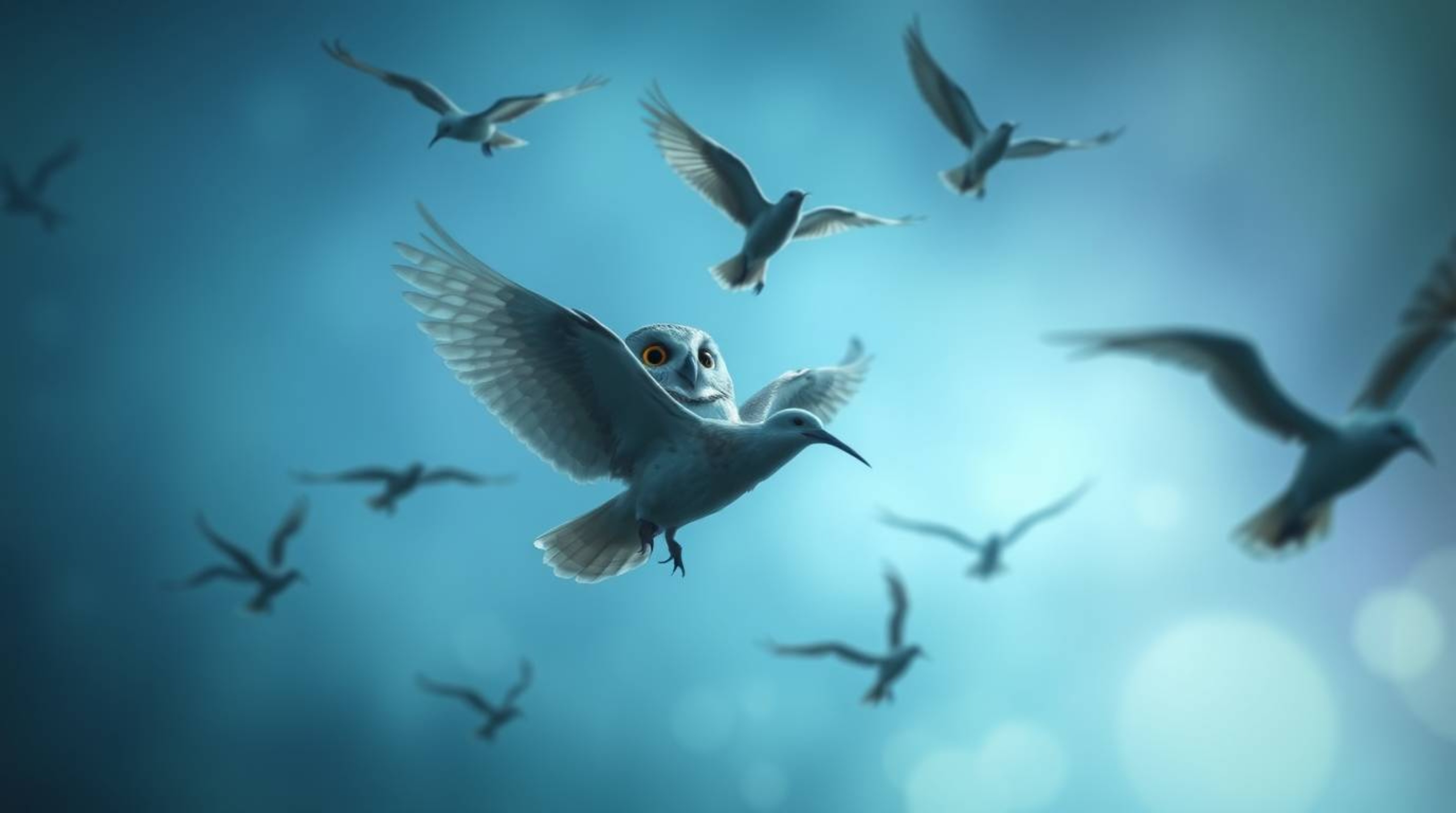 A long exposure photograph captures a blind owl, rendered in a Pixar style, as it mentors birds in flight. The scene is ether