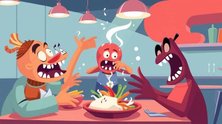 A vibrant and chaotic cartoon cafeteria scene unfolds, depicting a wild food fight in a modern flat design style. The artwork