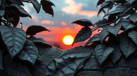 This sculptural clay art captures a mesmerizing scene of a sunset reflecting in raindrops on leaves. The artist expertly mode