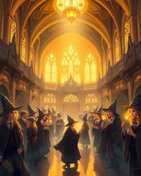 Immerse yourself in a digital painting of a graceful and elegant magical school, brimming with young wizards. The scene bathe