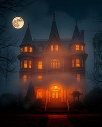 A fog-shrouded Victorian mansion bathed in the soft glow of moonlight presents a captivating scene. Warm hues of reds, orange