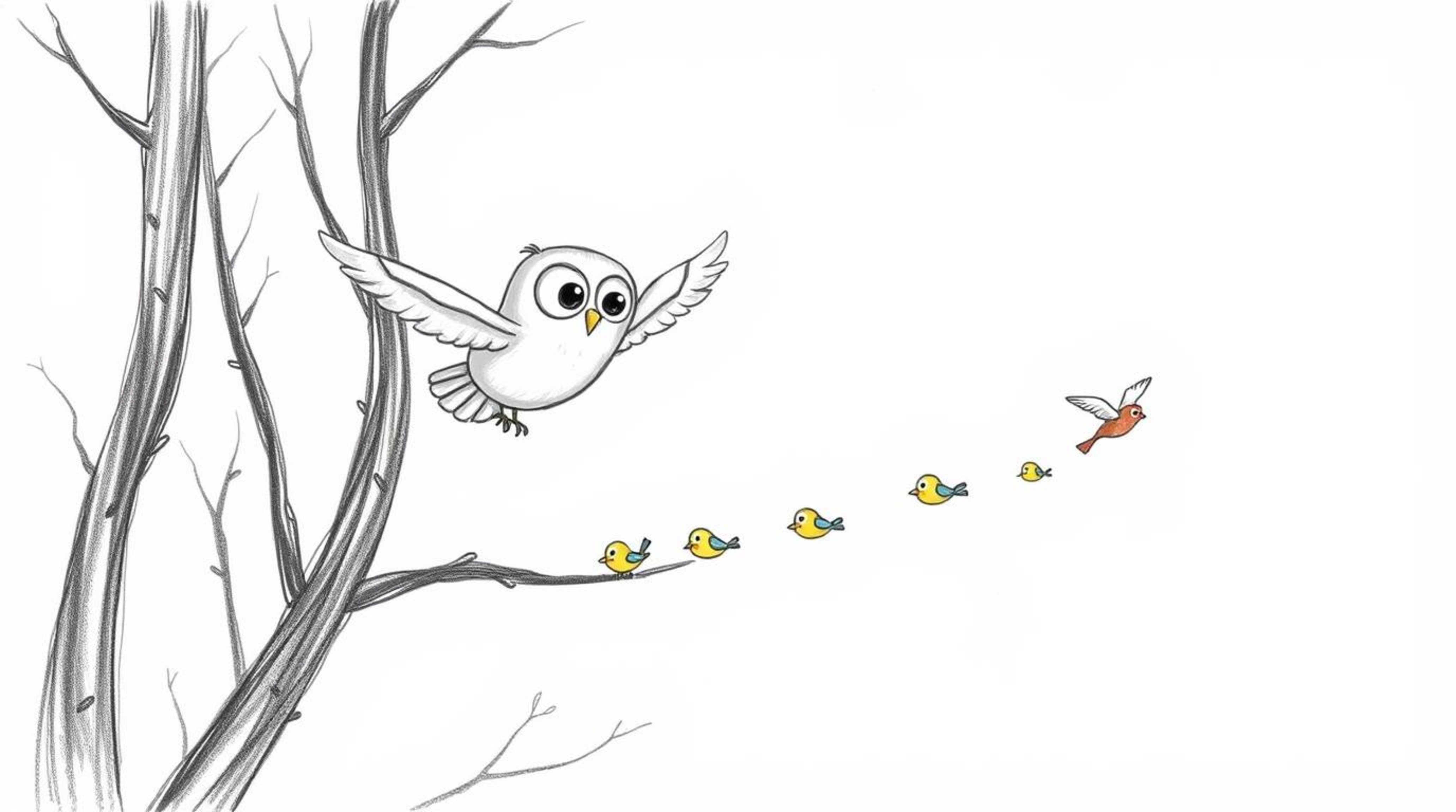 A charming hand-drawn sketch in the style of Pixar depicts a blind owl gliding gracefully between trees, guiding a flock of s