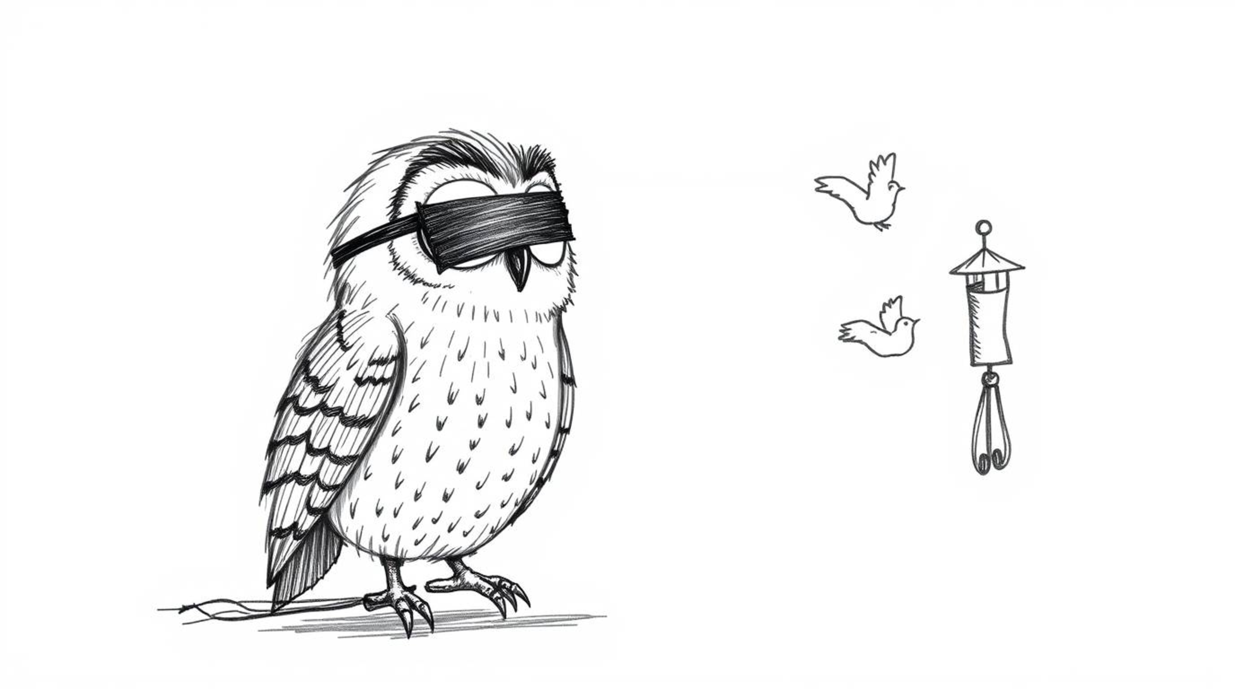 A charming, hand-drawn sketch reminiscent of Pixar animation features a blind owl using wind chimes and fabric flaps to ingen