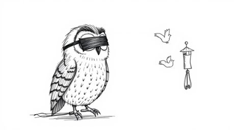 A charming, hand-drawn sketch reminiscent of Pixar animation features a blind owl using wind chimes and fabric flaps to ingen