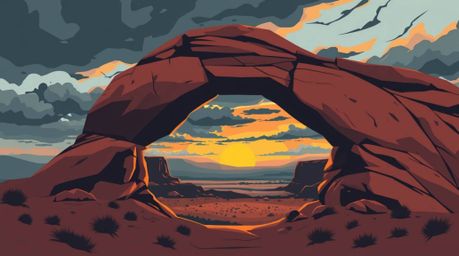 A modern flat design illustration showcasing a dramatic sunset viewed through a natural rock arch in the desert. The artwork 