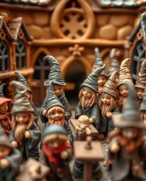 Discover a captivating extreme macro photograph of a sculptural clay art piece depicting a magical school brimming with young