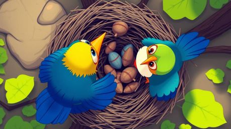 A captivating animation showcasing two cartoon birds diligently constructing their nest from a unique overhead perspective.  