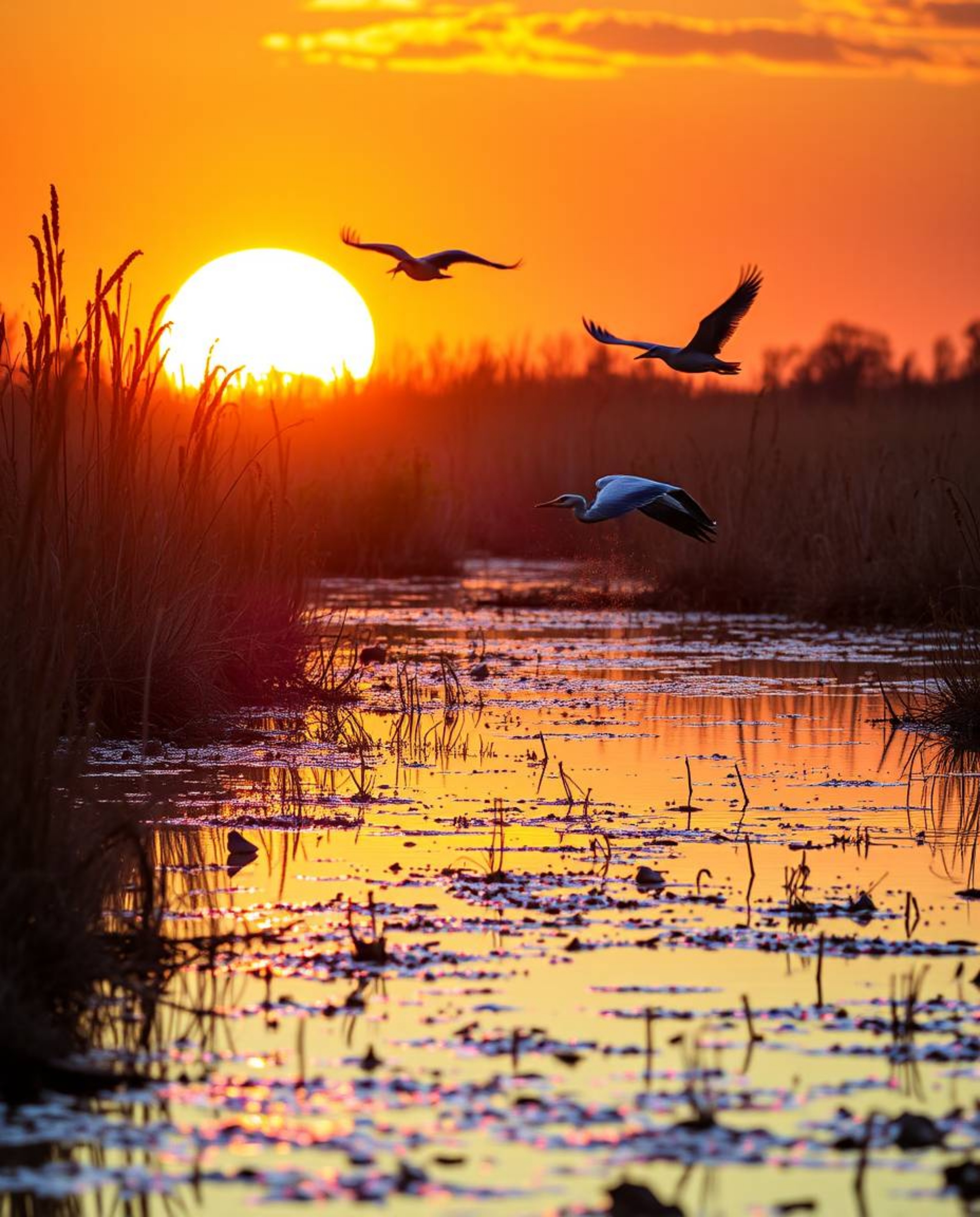 A cinematic Golden hour wetlands scene featuring herons in flight. This image is characterized by its stunning iridescent col