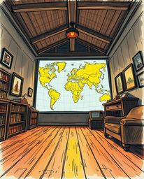 A captivating hand-drawn sketchnote depicts a glowing map projected onto the walls of an old study.  The dramatic low-angle p