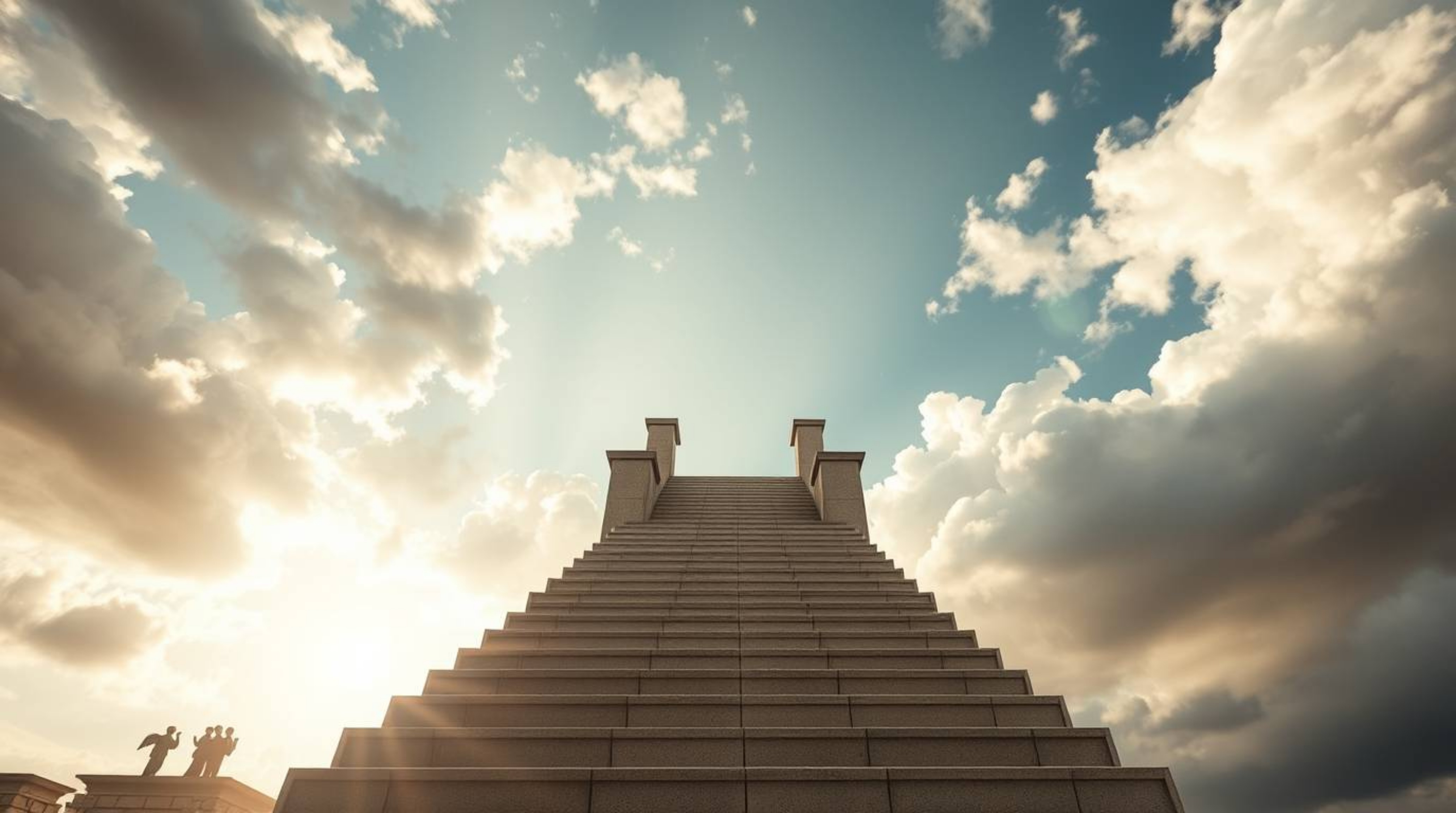 A precise architectural color photograph showcasing a low-angle perspective of steps made of light ascending into a cloudy sk
