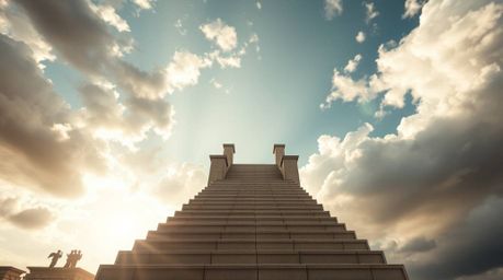 A precise architectural color photograph showcasing a low-angle perspective of steps made of light ascending into a cloudy sk