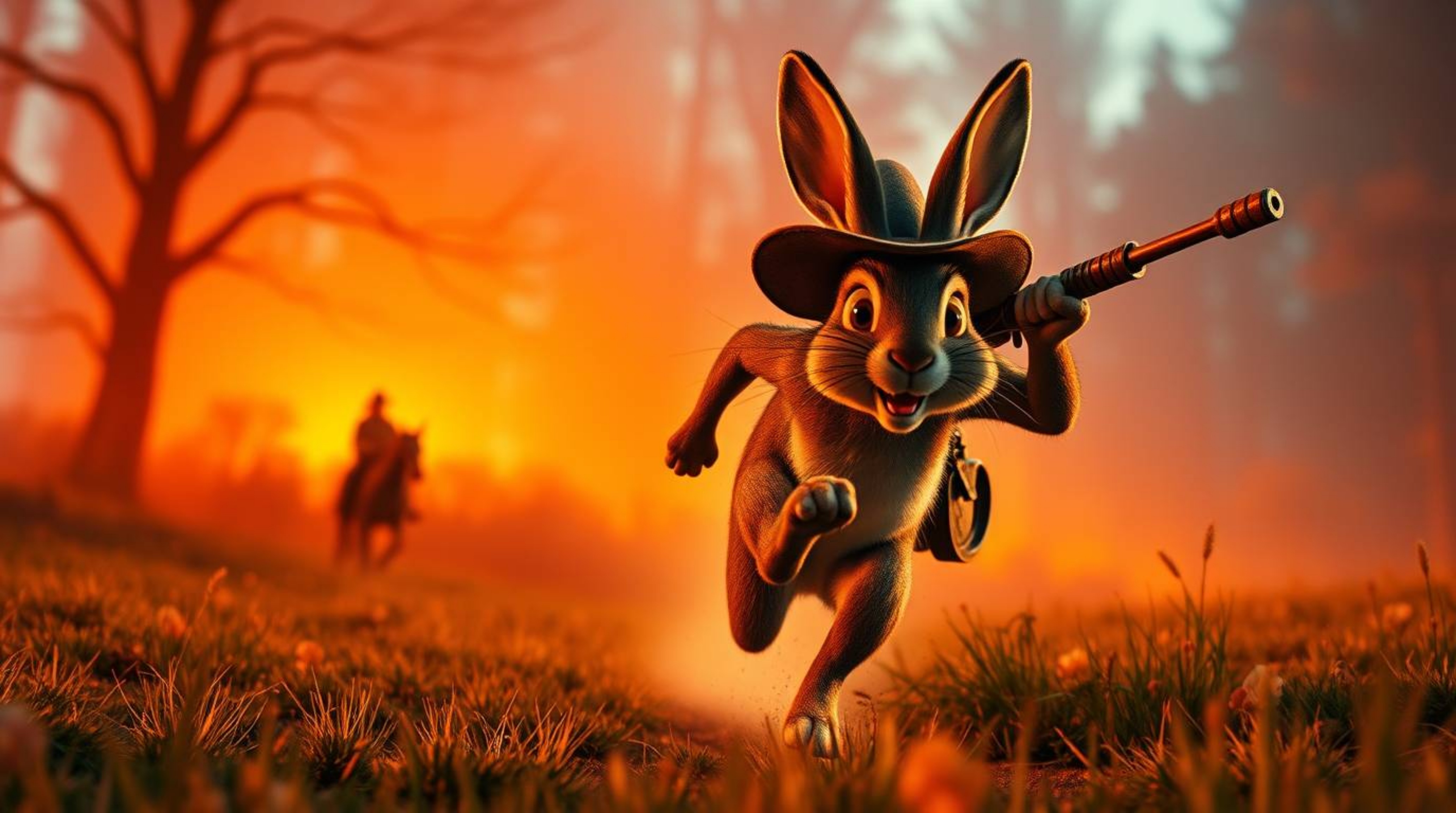 Experience a grand and epic scene of a wacky rabbit comically outrunning a hunter in a slapstick chase. Bathed in warm, lens-