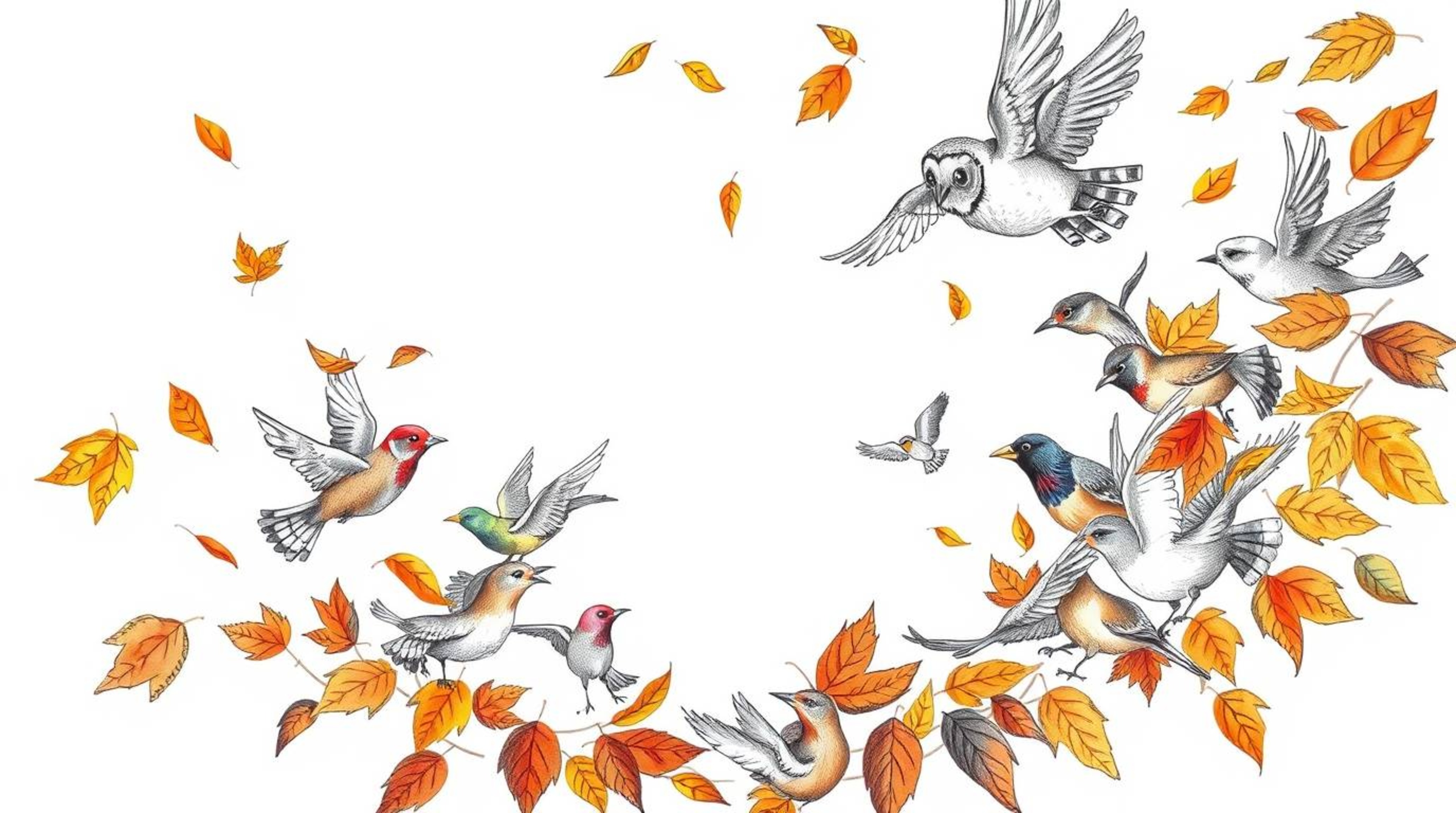 A heartwarming image depicts a blind owl, its gentle nature evident, guiding a diverse flock of birds in a mesmerizing spiral