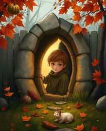 A heartwarming scene depicts a freckled child stumbling upon a magical portal nestled in their autumnal backyard. Warm, eart