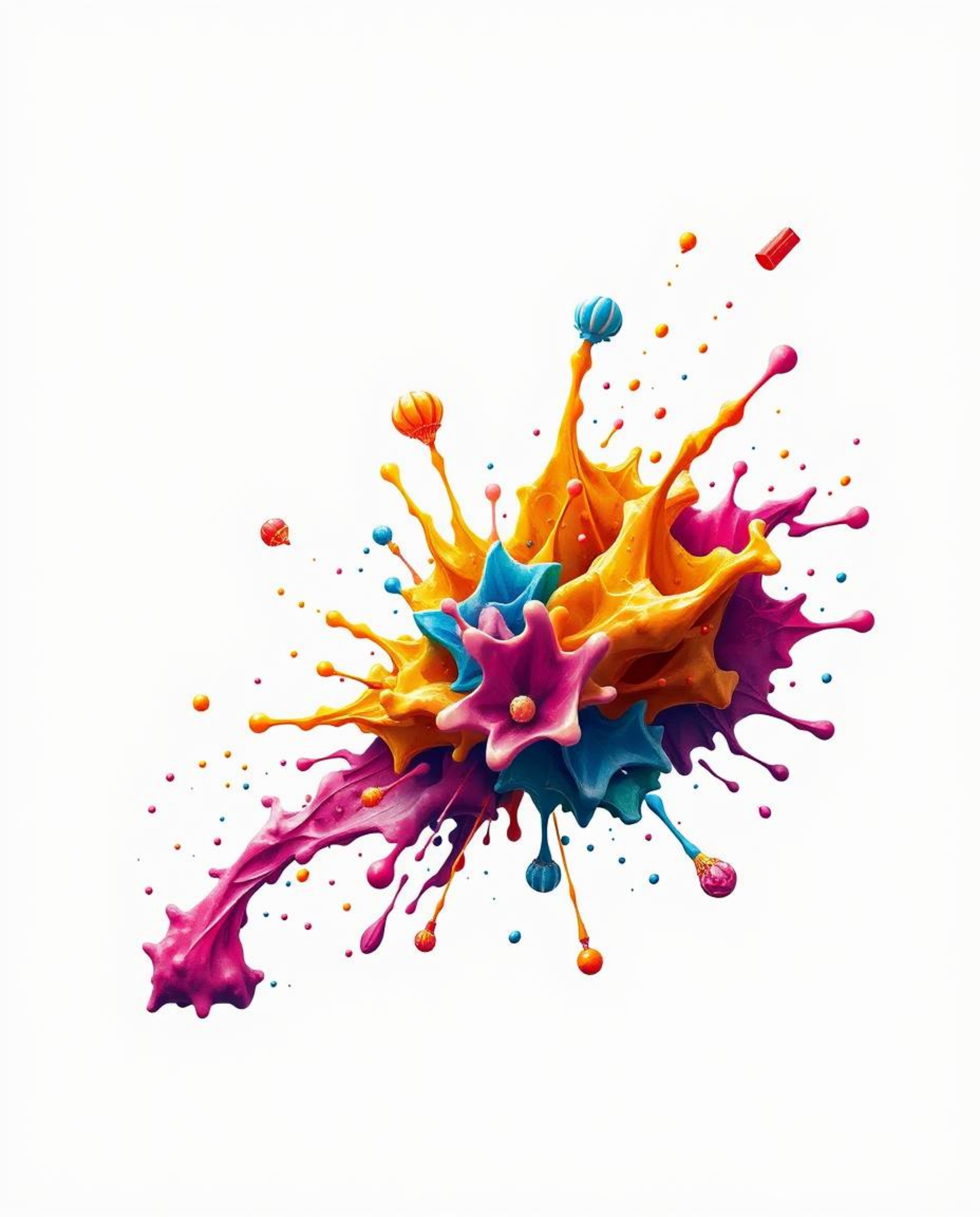 Explore this symbolic traditional tattoo art print featuring abstract 3D colorful splash shapes seemingly floating in space, 