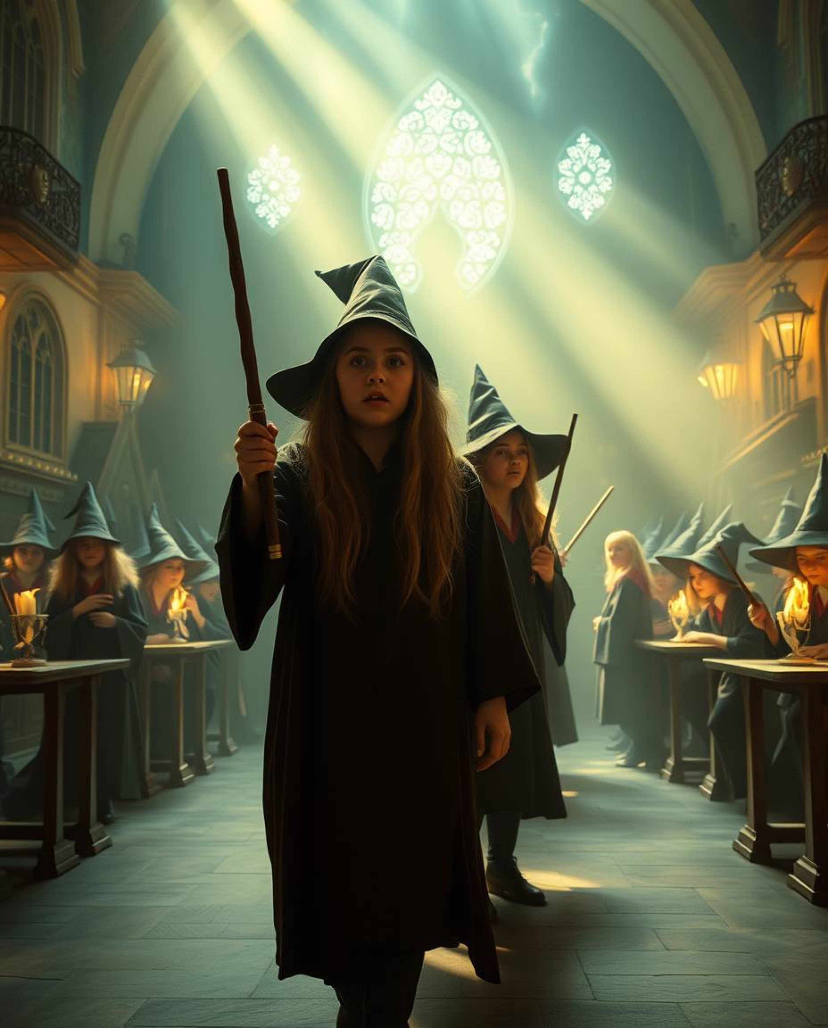 Immerse yourself in a magical school brimming with young wizards, bathed in soft, hazy, electric, vivid light. This mystic an