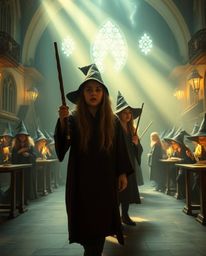 Immerse yourself in a magical school brimming with young wizards, bathed in soft, hazy, electric, vivid light. This mystic an