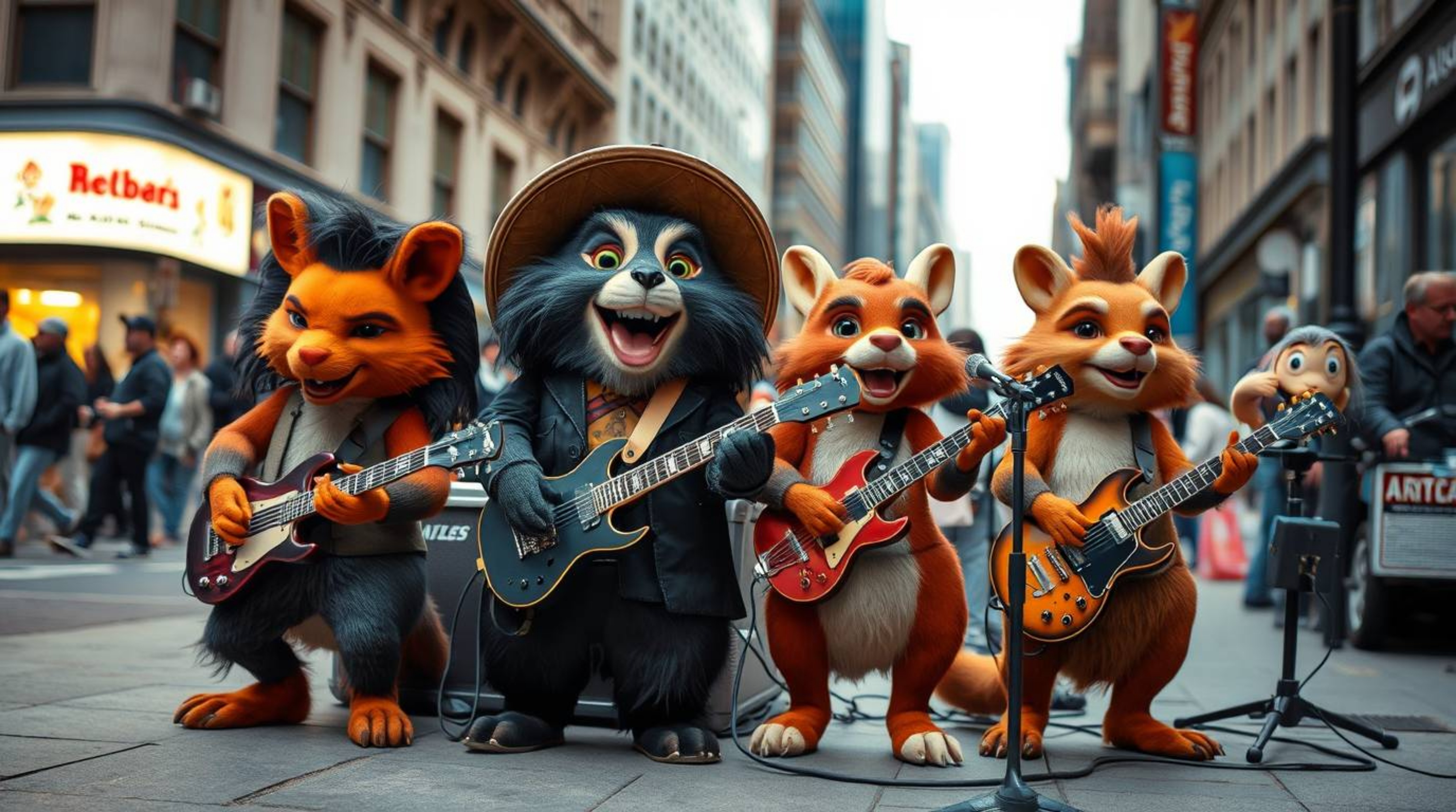 Experience the vibrant energy of a candid street photography series featuring a cartoon rock band. These spontaneous shots c
