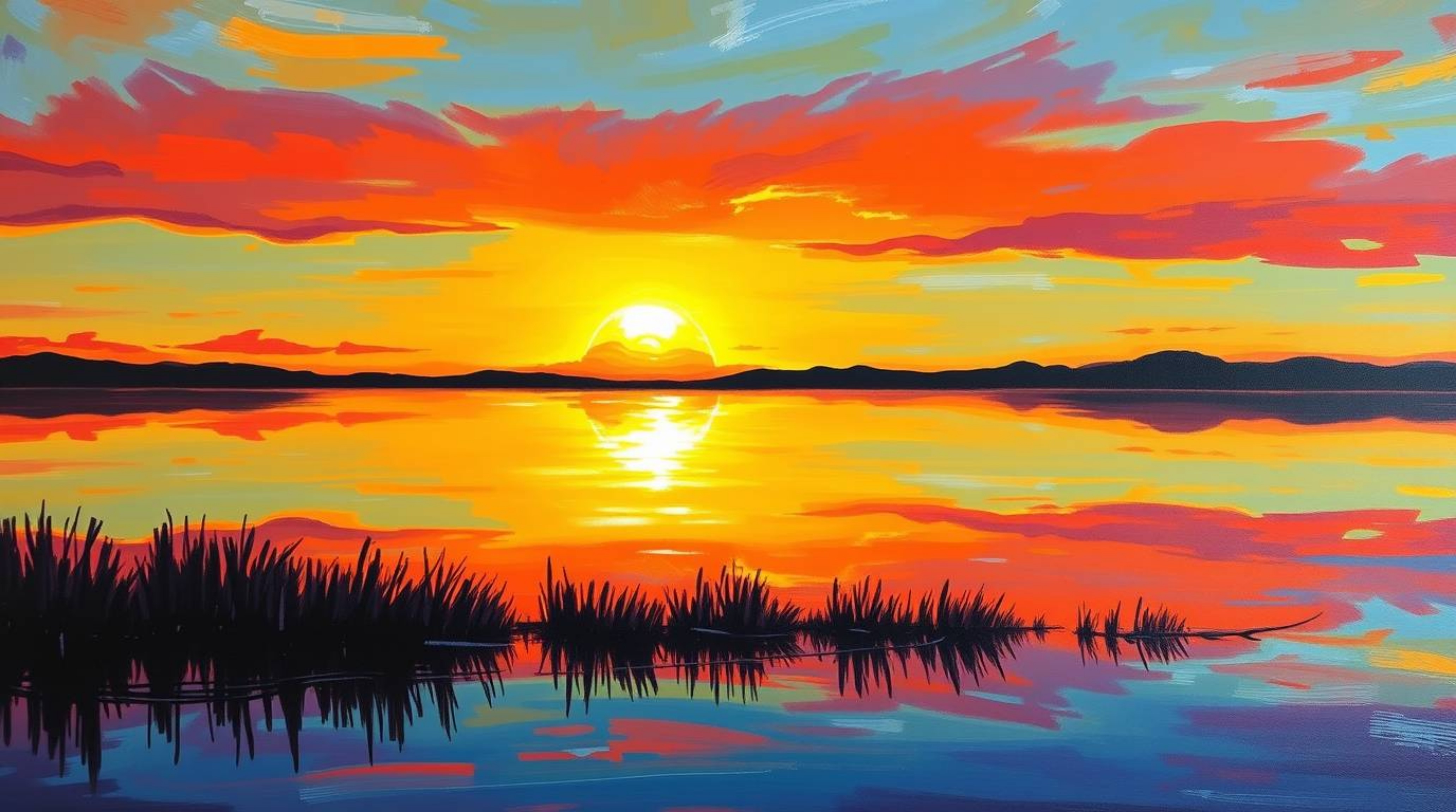 An acrylic painting showcasing a serene lake reflecting a vibrant sunset.  Bold brushstrokes and iridescent colors create a d