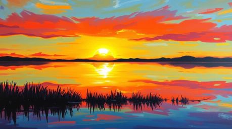 An acrylic painting showcasing a serene lake reflecting a vibrant sunset.  Bold brushstrokes and iridescent colors create a d