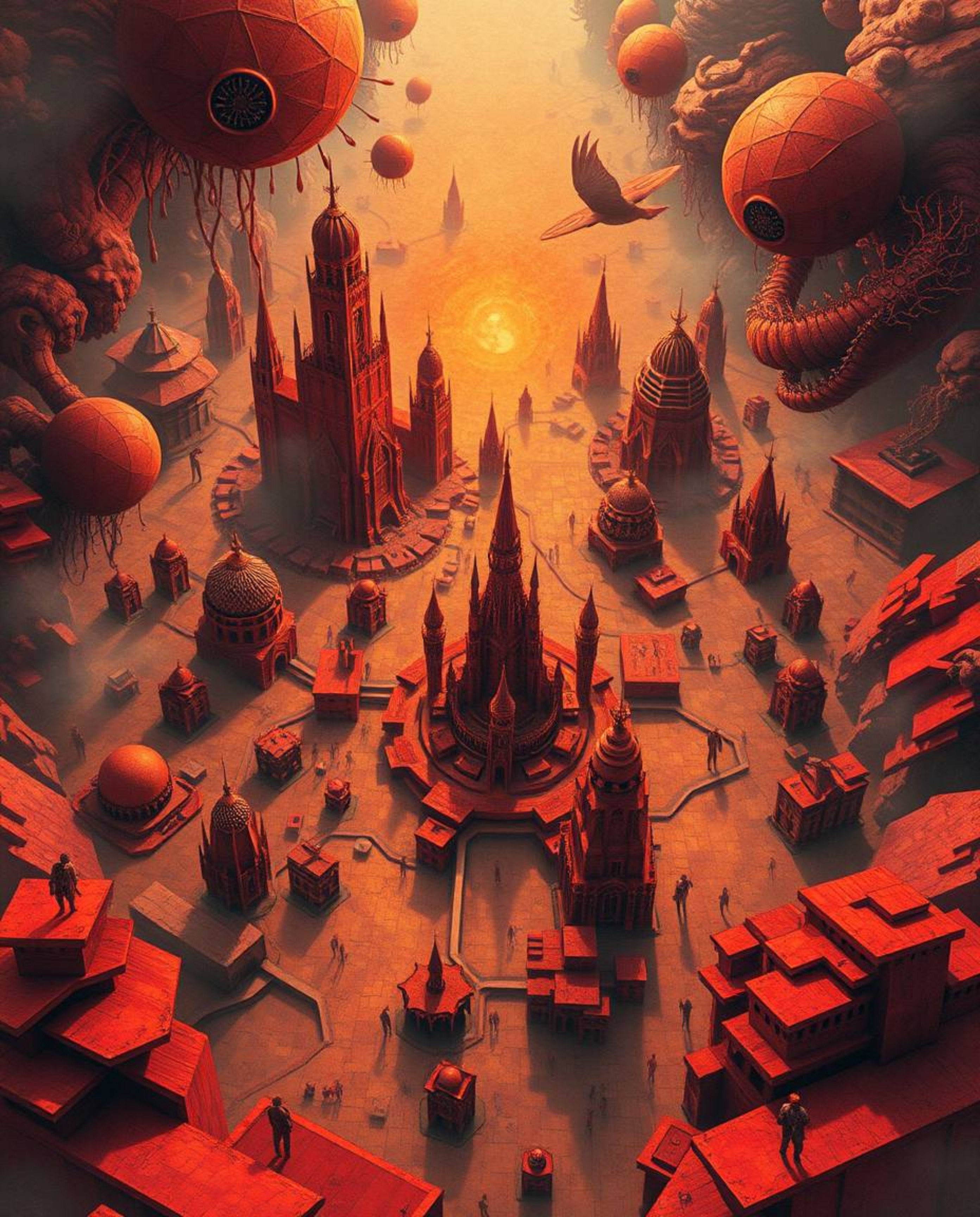 This image portrays a surreal and dreamlike abstract city map, constructed from geometric shapes and viewed from a top-down p