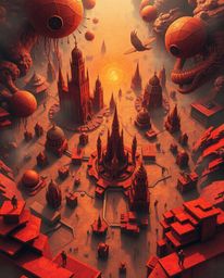 This image portrays a surreal and dreamlike abstract city map, constructed from geometric shapes and viewed from a top-down p