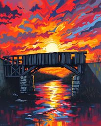 An extreme macro close-up captures the intricate details of an old wooden bridge over a river at sunset. The image is rendere