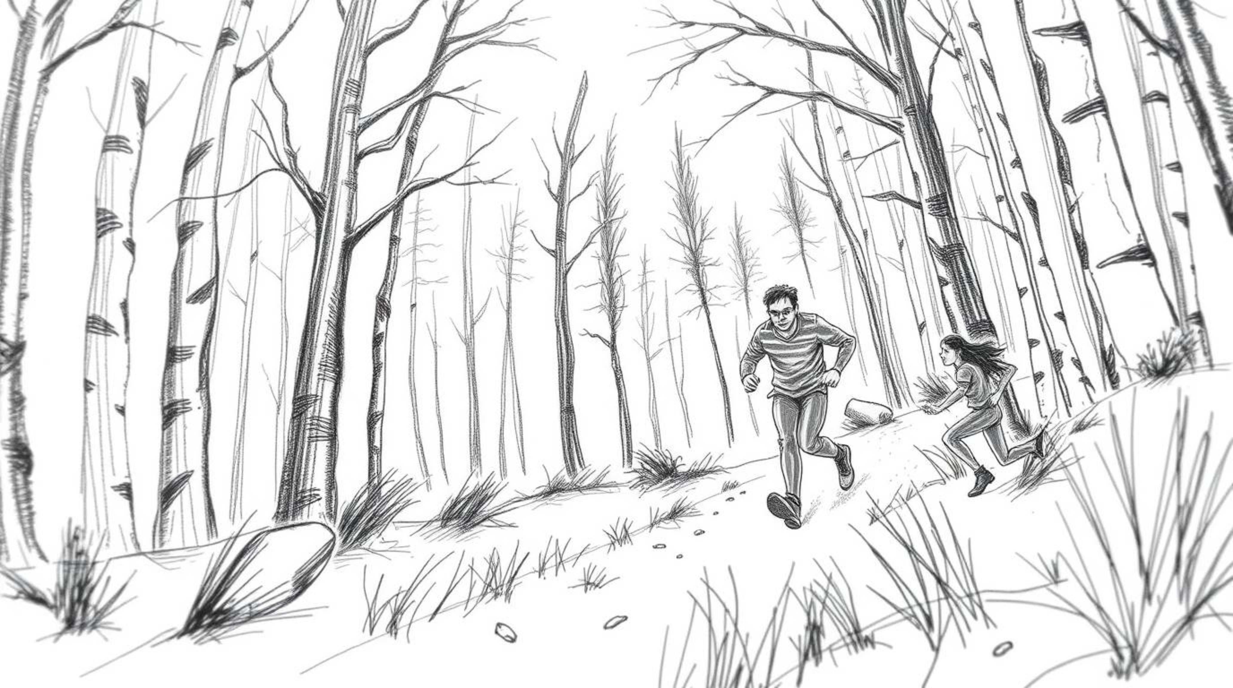 A captivating hand-drawn pencil sketch depicting a thrilling chase through a looping forest background.  The image features r