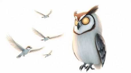 A heartwarming scene unfolds as a blind owl, rendered in the style of a Pixar hand-drawn sketch, imparts the gift of flight t