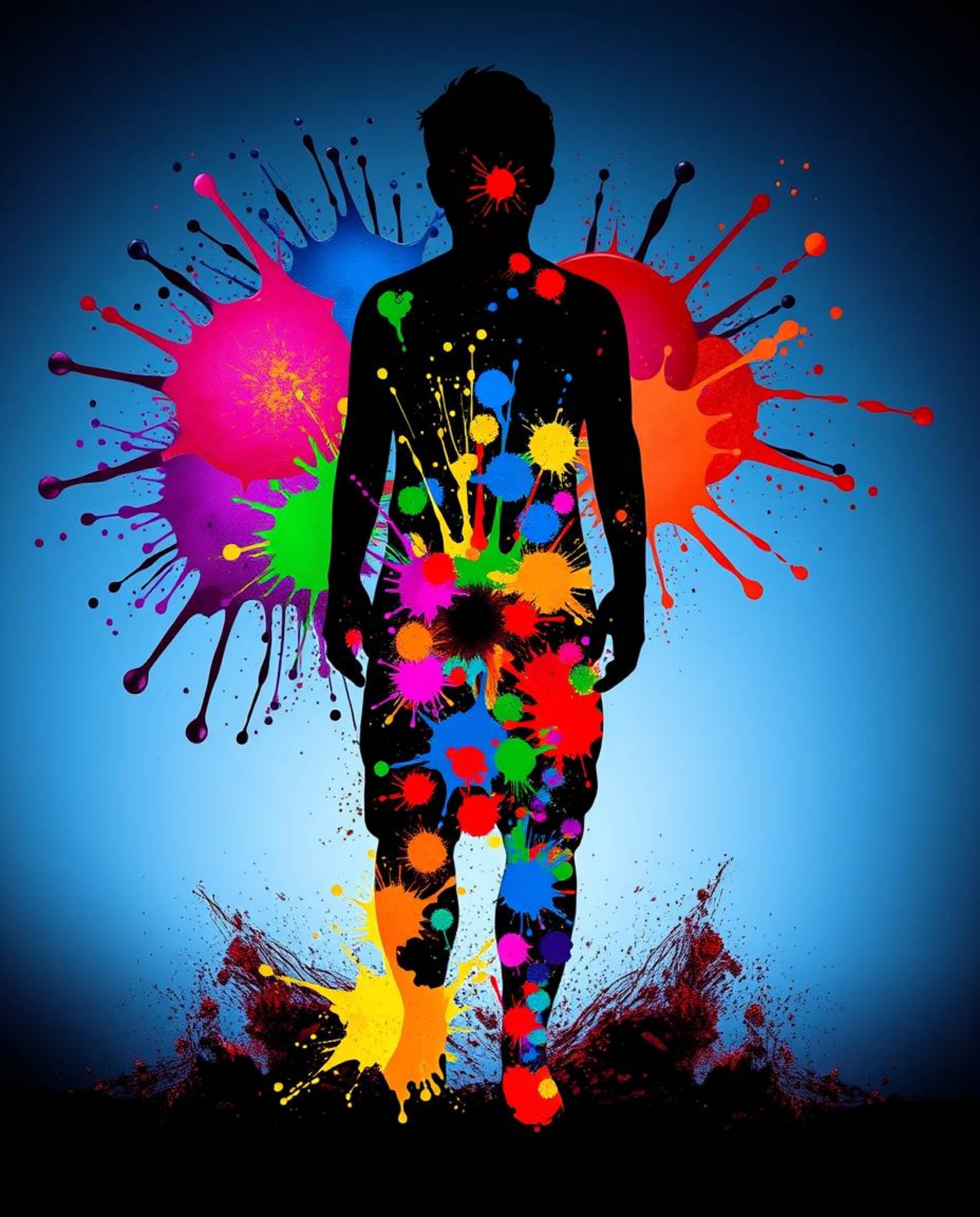 This artwork features a captivating human silhouette formed by vibrant and dynamic splash patterns. Rendered in a modern art 