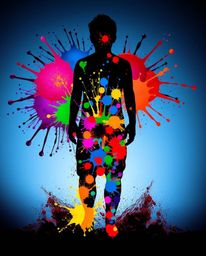 This artwork features a captivating human silhouette formed by vibrant and dynamic splash patterns. Rendered in a modern art 