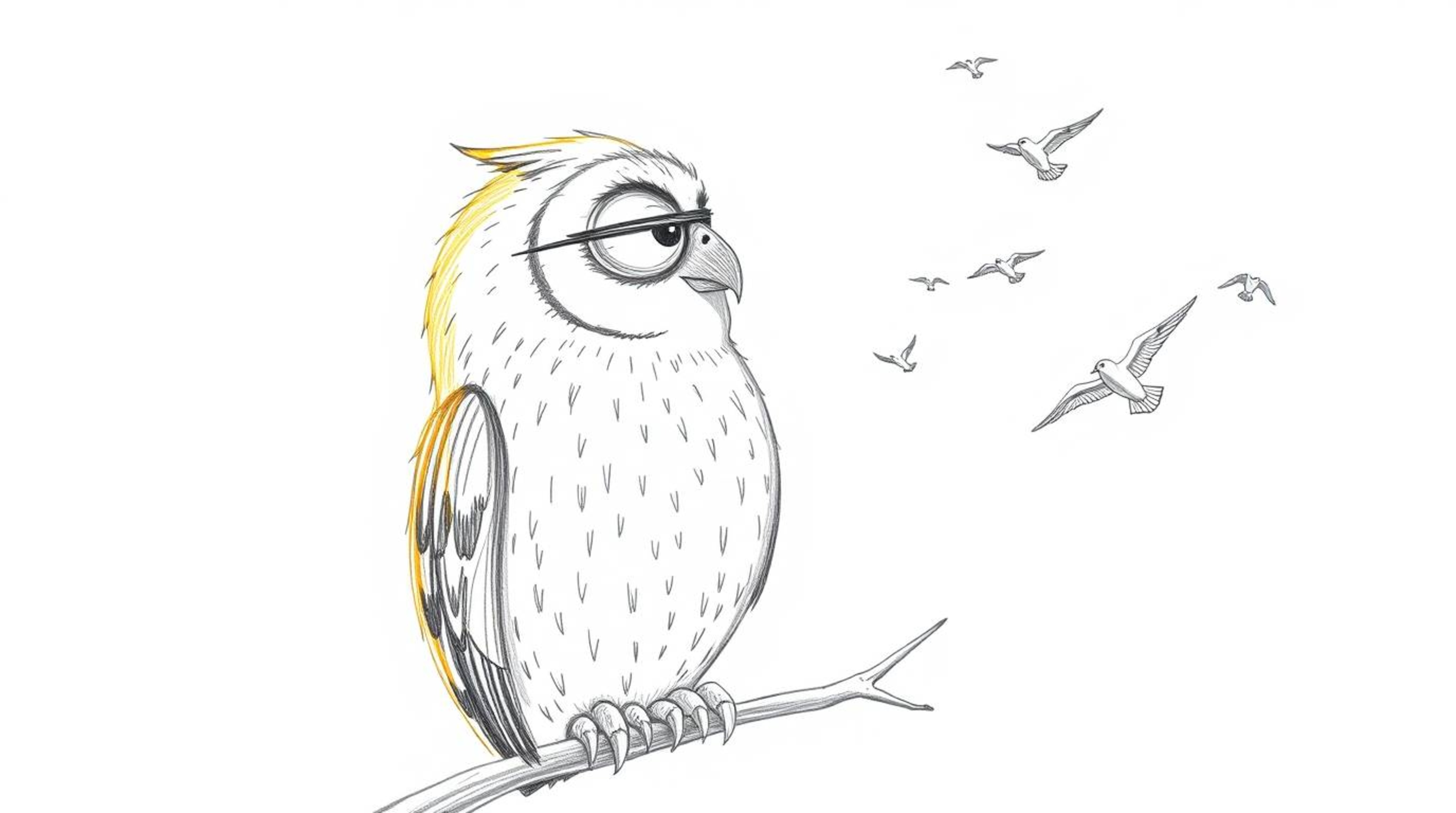 A heartwarming hand-drawn sketch showcasing a blind owl in Pixar style, dedicatedly teaching birds how to fly. The artwork em