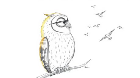A heartwarming hand-drawn sketch showcasing a blind owl in Pixar style, dedicatedly teaching birds how to fly. The artwork em