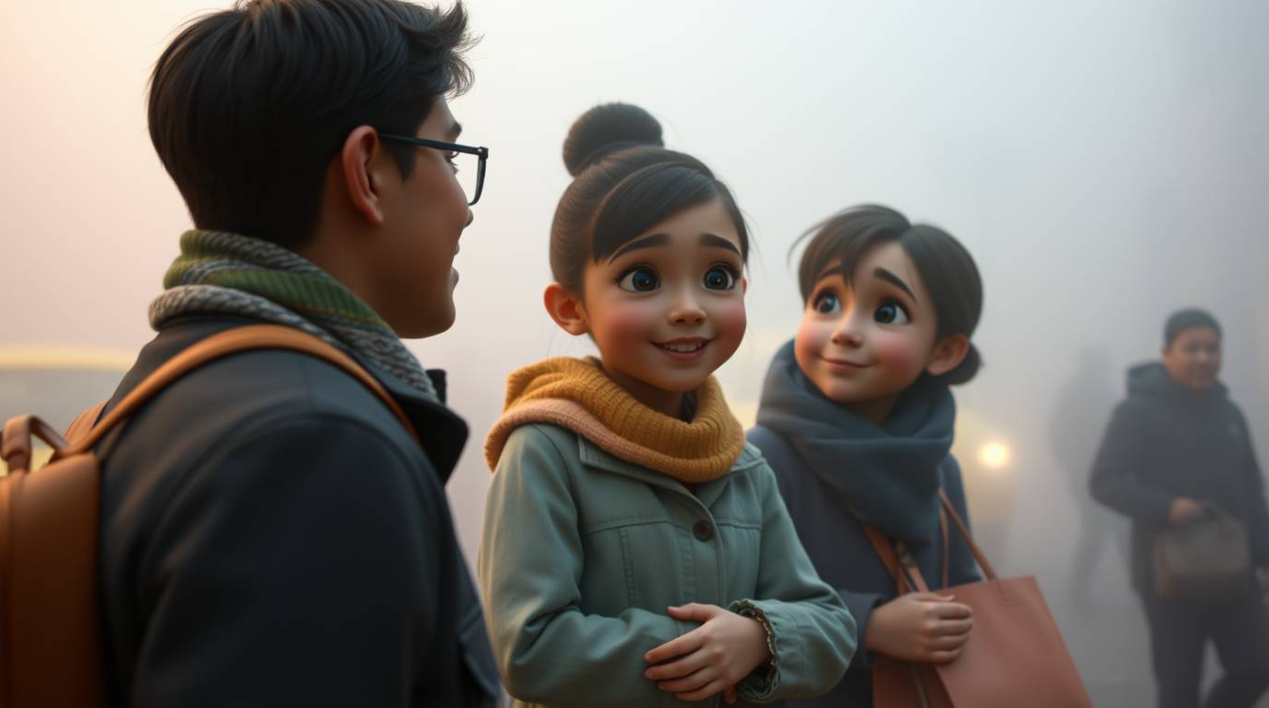 Capture the essence of a heartfelt family reunion amidst the atmospheric urban fog in this Pixar-inspired candid street photo