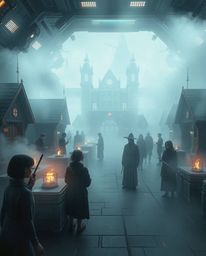 Immerse yourself in a futuristic sci-fi rendition of a magical school, teeming with young wizards and enveloped in a thick, m
