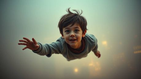 A captivating fine art photograph depicts a young boy with fair skin seemingly flying above London amidst thick fog, propelle