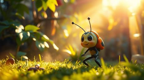 Embark on a captivating adventure with a bug-sized hero as they navigate a vibrant backyard jungle, illuminated by stunning v