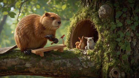 A high-resolution, professionally captured stock photo of a busy beaver, depicted in a vibrant, Pixar-inspired style. The bea