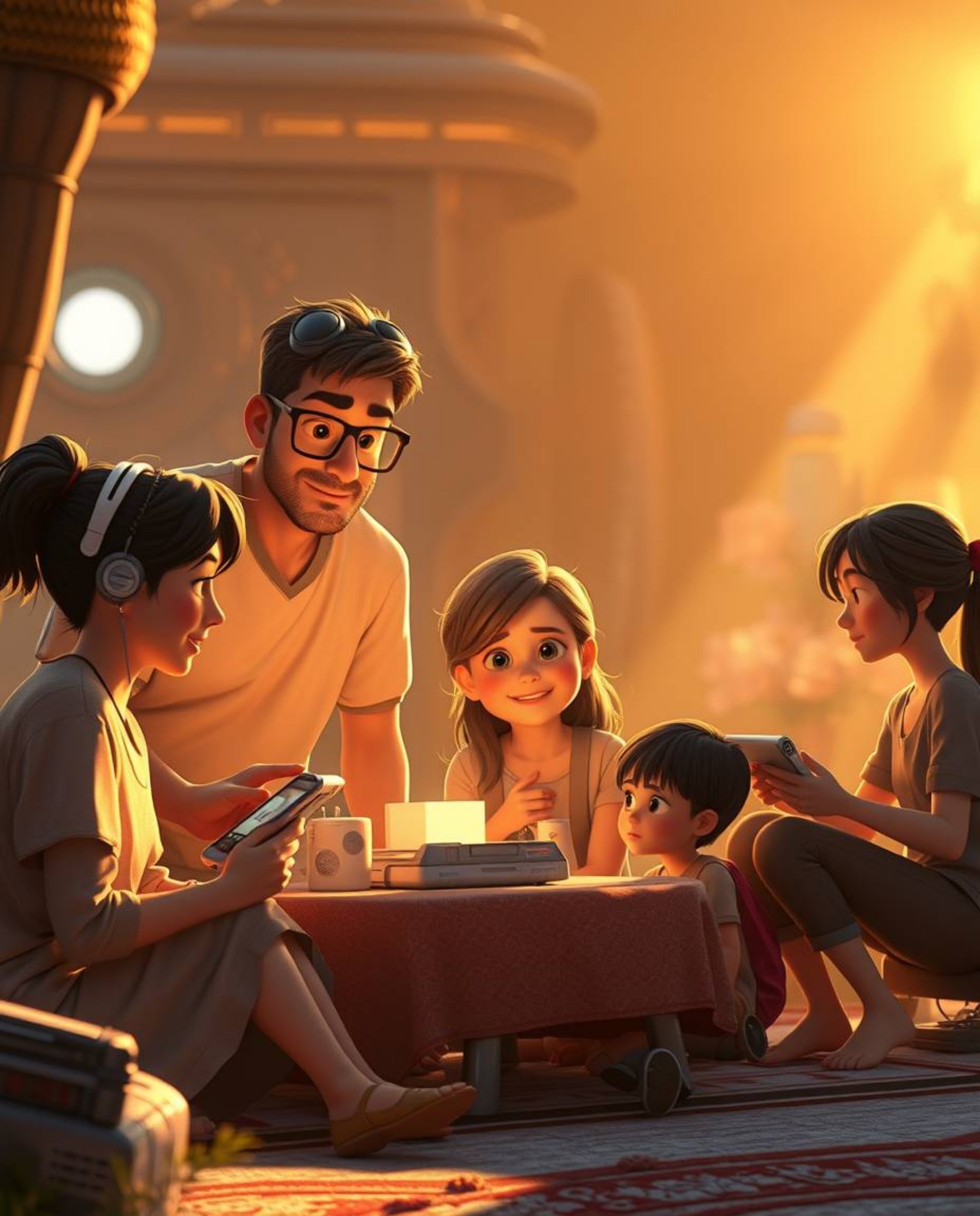 Experience a heartwarming Pixar-style family reunion bathed in the warm, inviting glow of golden hour light. This scene seaml