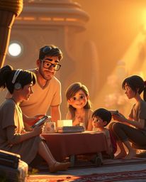 Experience a heartwarming Pixar-style family reunion bathed in the warm, inviting glow of golden hour light. This scene seaml