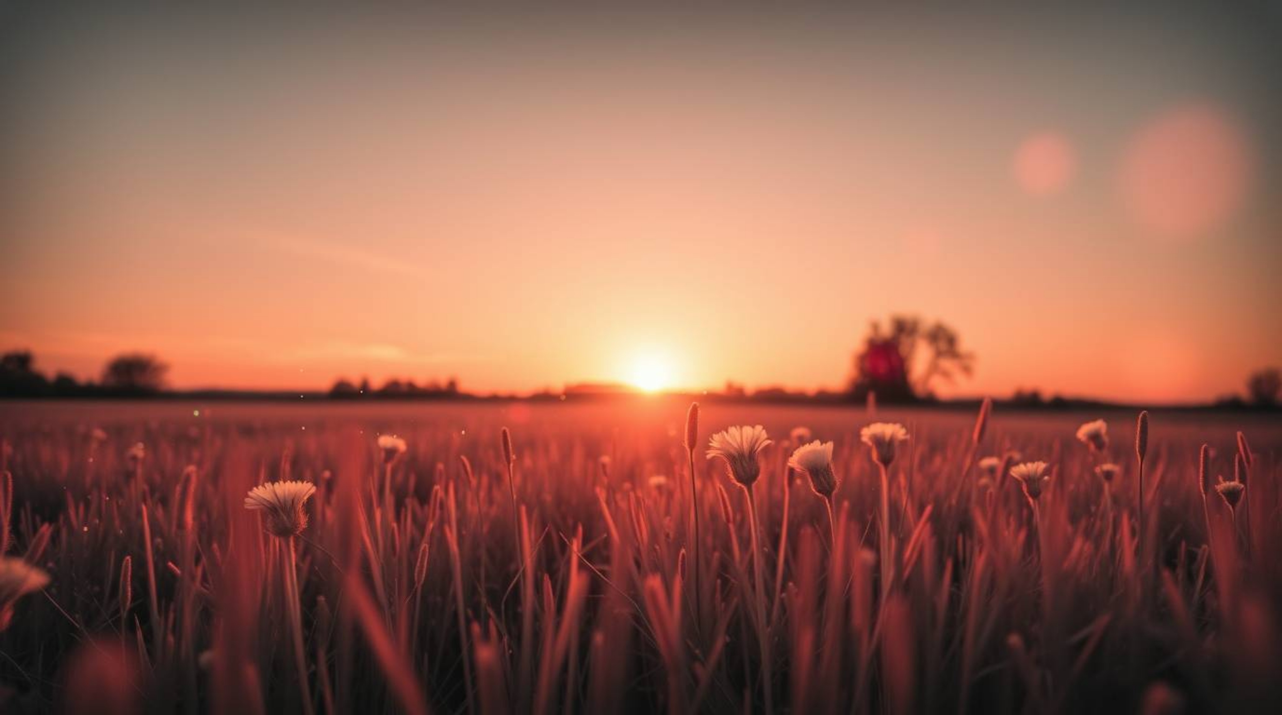 Capture the essence of a serene evening with a surreal infrared photograph showcasing a breathtaking sunset over a quiet mead