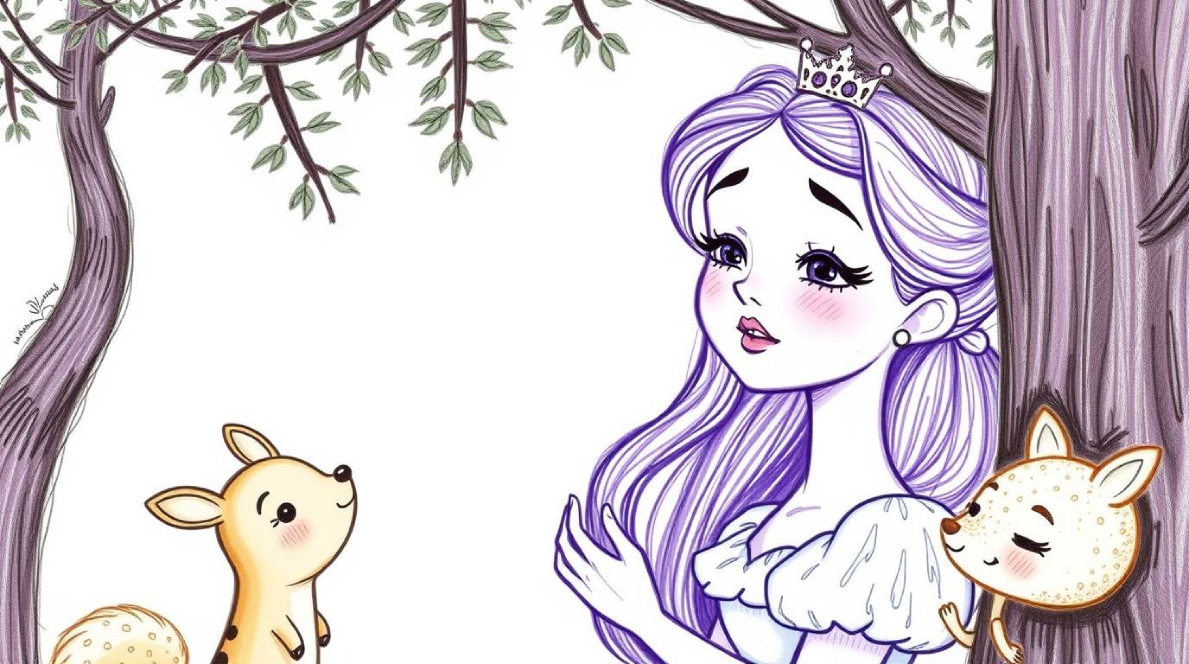 A beautiful princess with delicate features sings to a gathering of whimsical forest animals in a charming vintage 2D animati