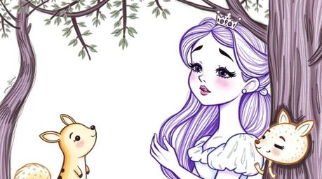 A beautiful princess with delicate features sings to a gathering of whimsical forest animals in a charming vintage 2D animati