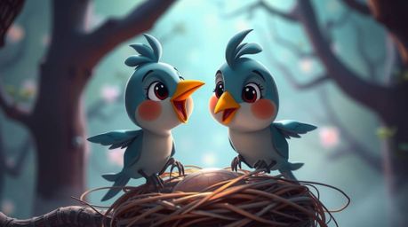 A captivating close-up shot showcases two cartoon birds meticulously constructing a nest. Rendered in a classic animation st