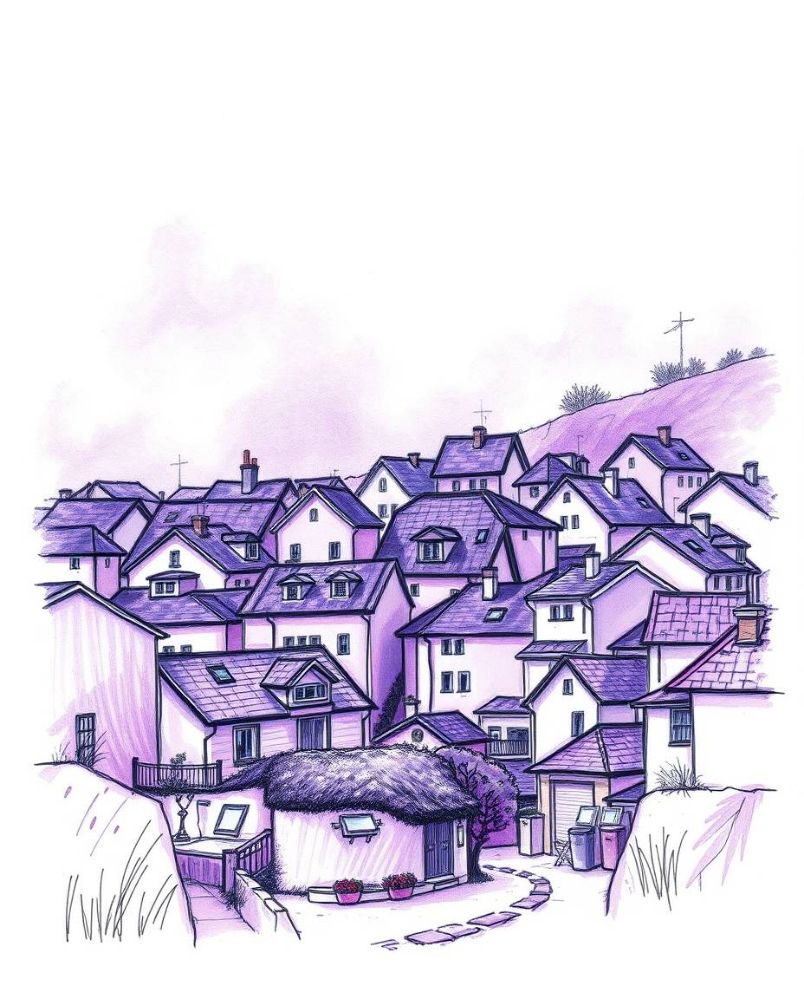 A captivating hand-drawn sketch and watercolor illustration depicts a sleepy town, featuring pastel-colored houses bathed in 