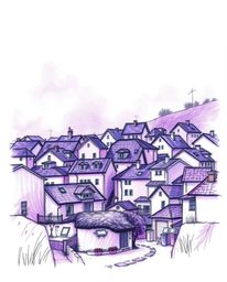 A captivating hand-drawn sketch and watercolor illustration depicts a sleepy town, featuring pastel-colored houses bathed in 