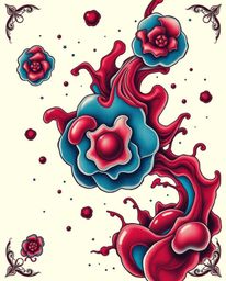 Explore a stunning traditional tattoo art print featuring rich burgundy and deep blue 3D rendered fluid organic blobs floatin