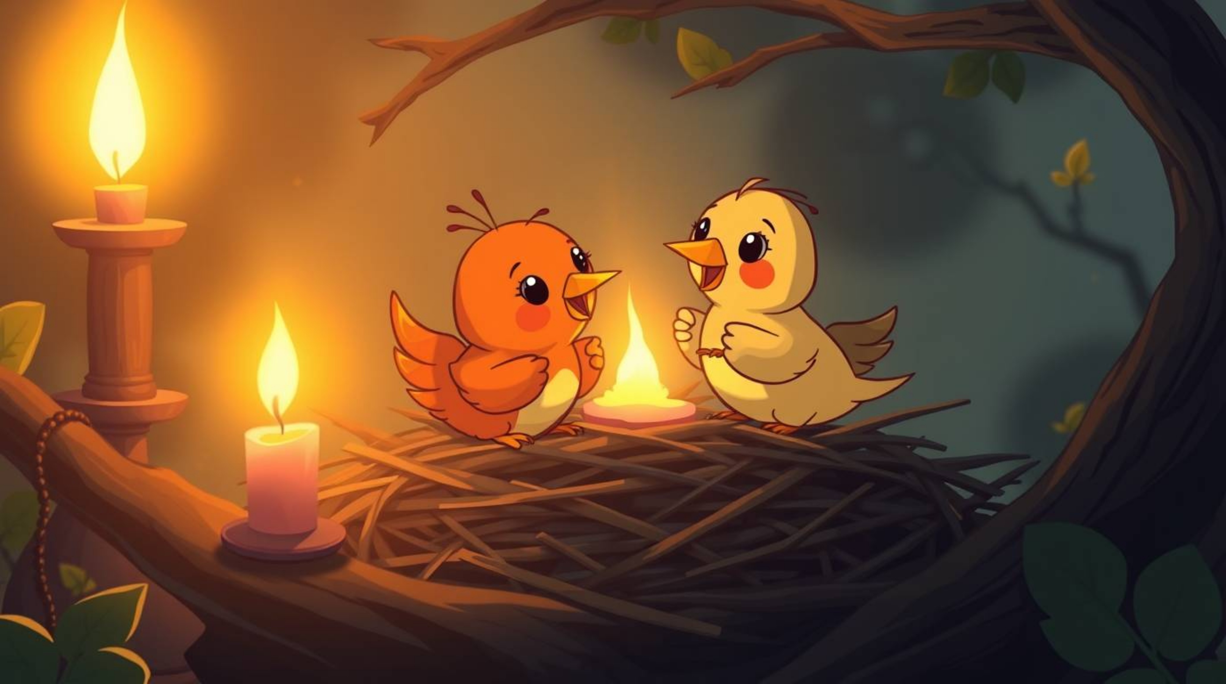 Experience the heartwarming scene of two cartoon birds diligently building a nest in a classic animation style. The warm cand